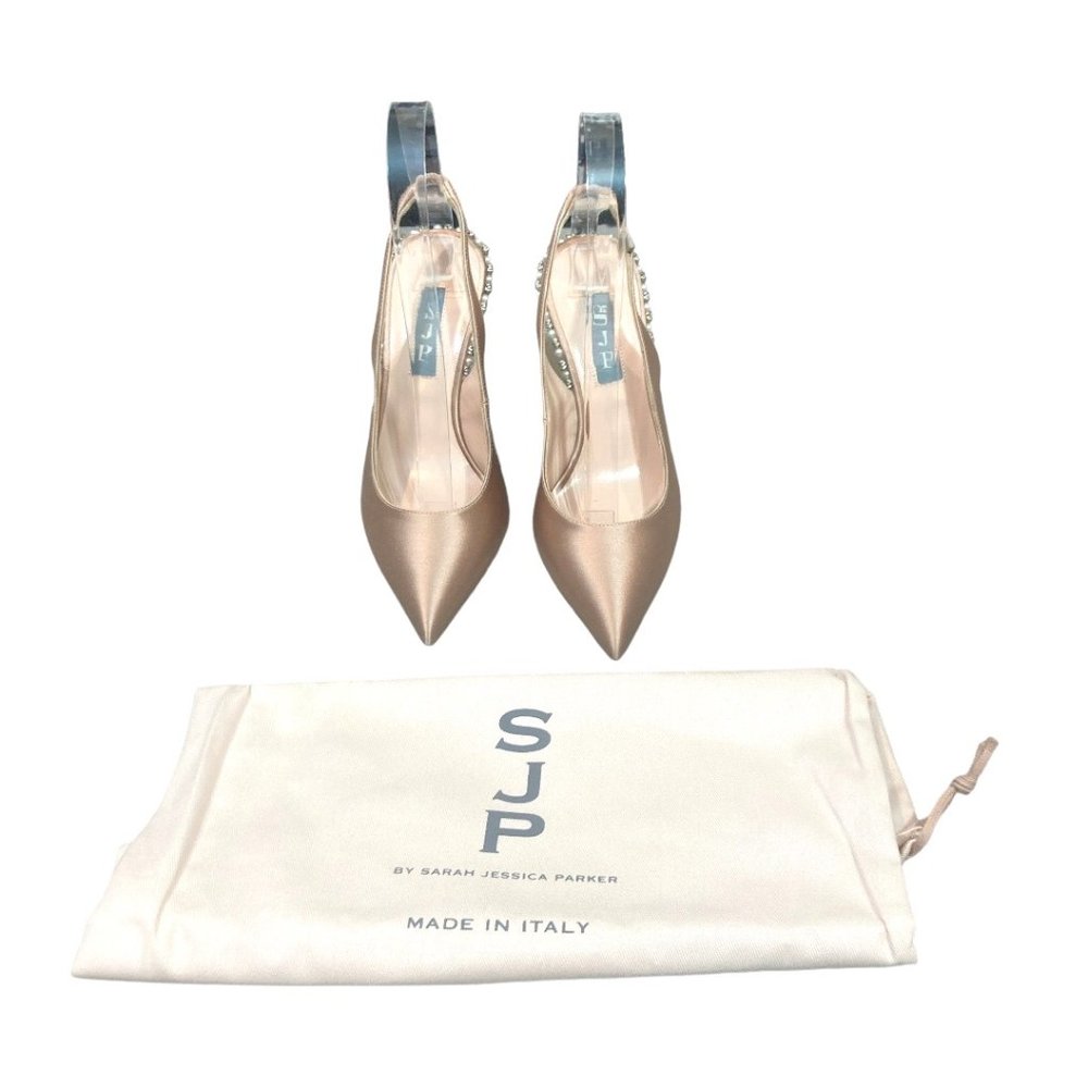 SJP by Sarah Jessica Parker Cy Pointed Toe Slingback Heel Nude Satin $495 - Picture 3 of 10